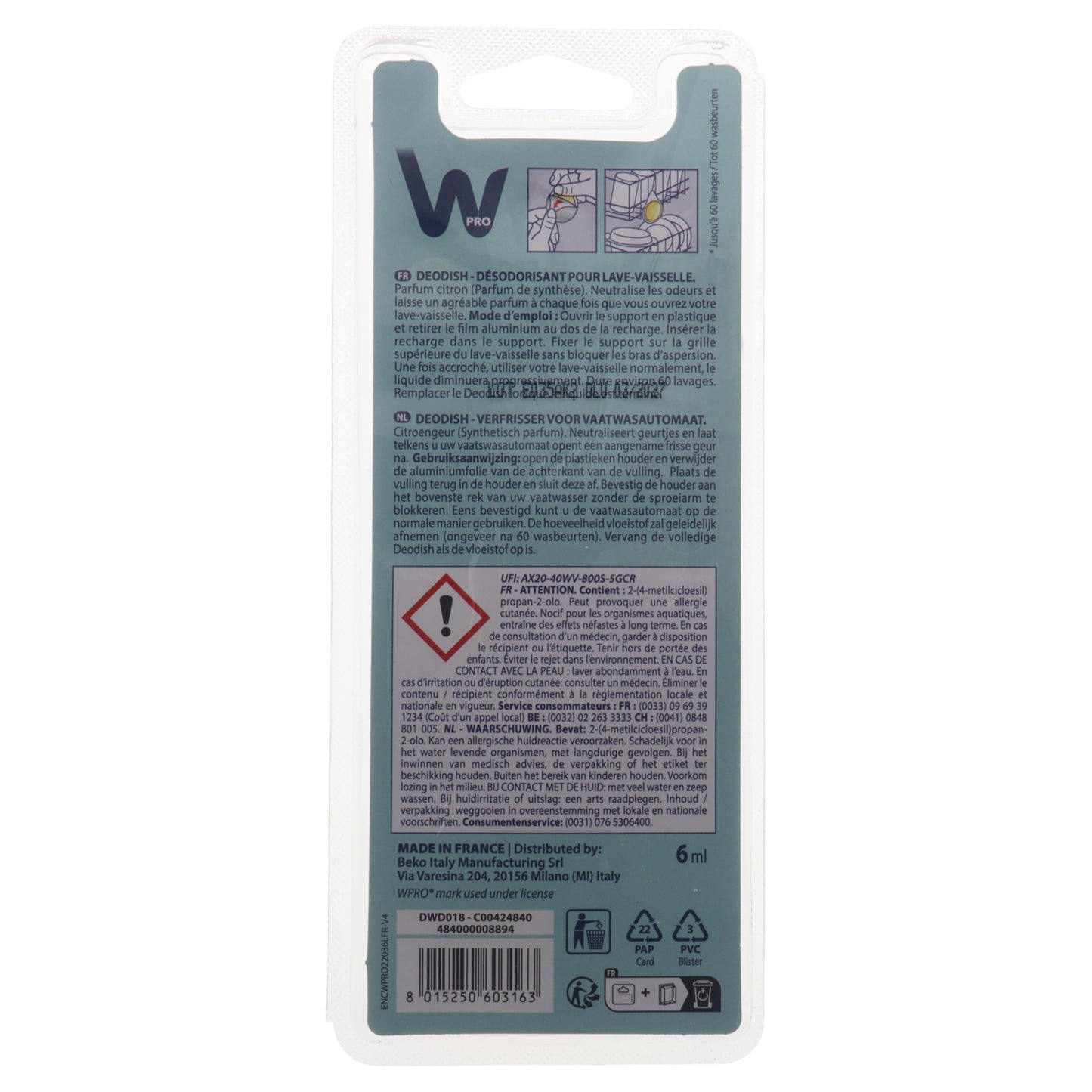 Deodorante WPro DeoDish universale per lavastoviglie Whirlpool Electrolux Bosch