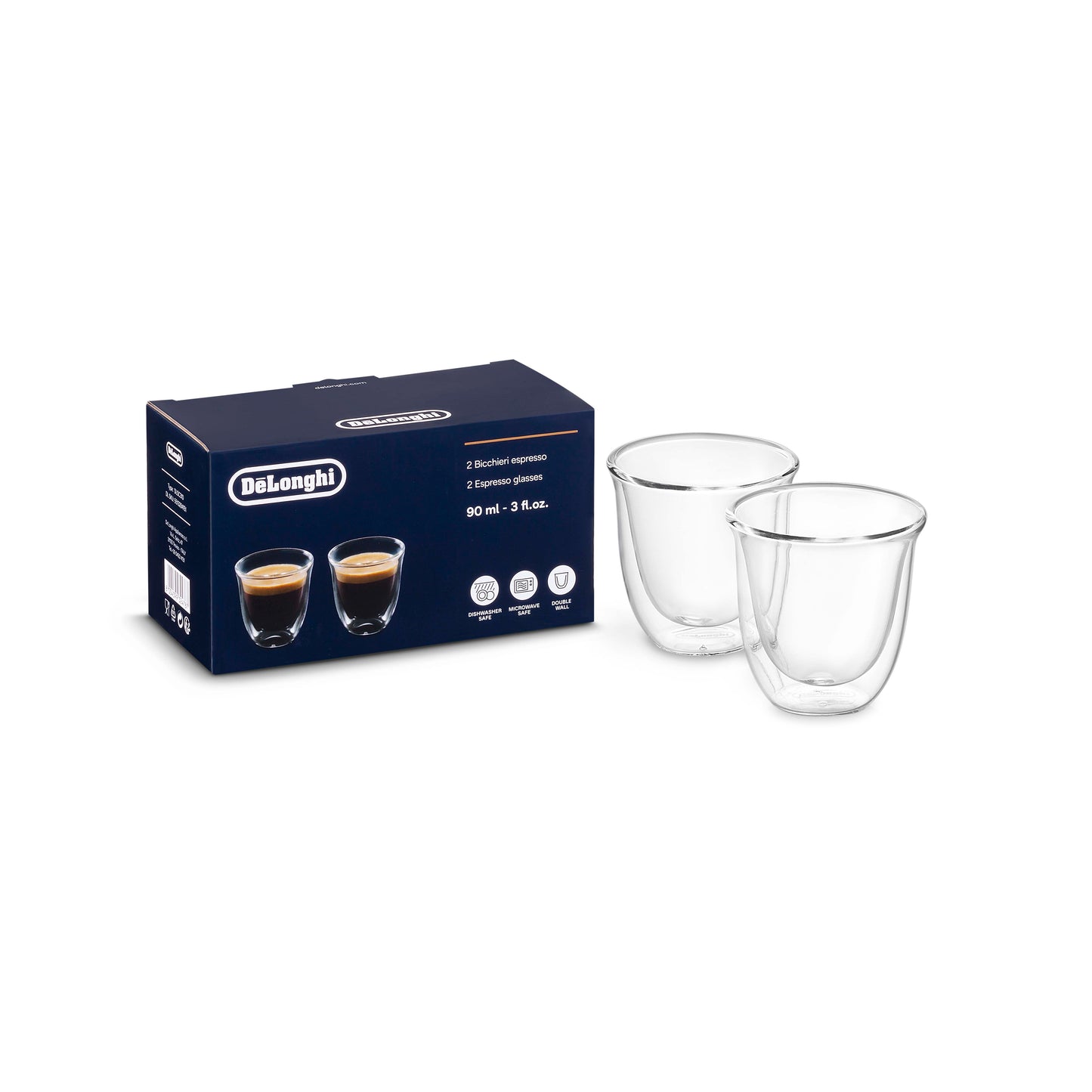 Delonghi 2x tazzine bicchieri caffè espresso vetro doppia parete 60ml