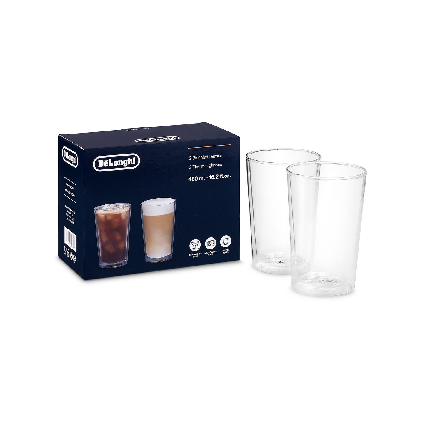 Delonghi 2x bicchieri vetro borosilicato doppia parete termica 490ml eleganti